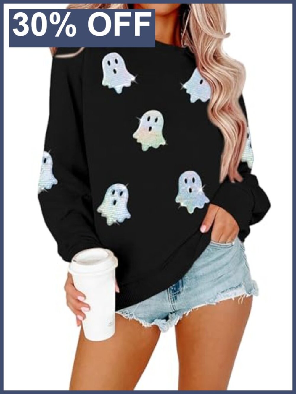 Sequin Ghost Graphic Crew Neck Sweatshirt Halloween Pullover